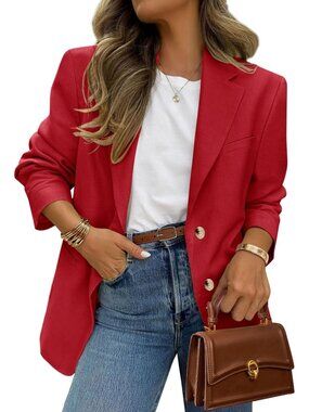 Women's Red Polyester Casual Long Sleeve Open Front Suit Work Blazer Jacket